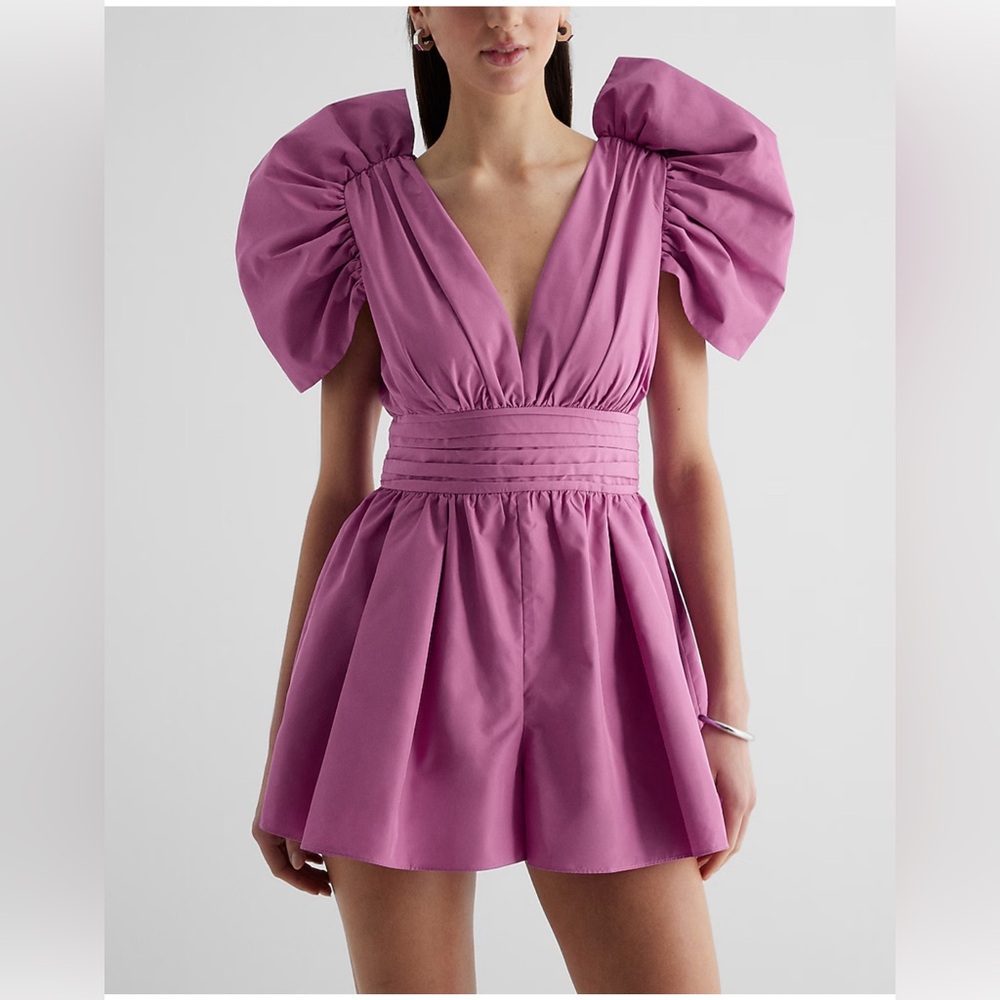 Beautiful purple V-Neck Puff Sleeve Pleated Romper ! Brand New with tags!